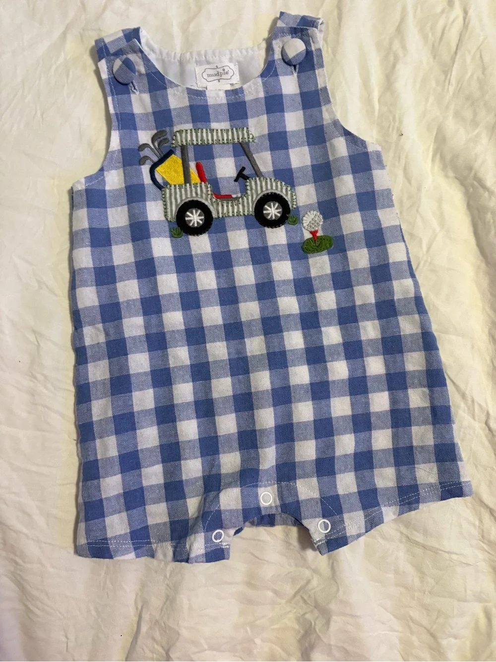 Muskie romper Blue and White Gingham Baby Romper with Golf Cart Applique